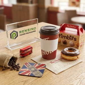 Tazza di caffè in carta rossa con manica bianca, adatta per imballaggio di caffè da asporto, personalizzabile con logo e design