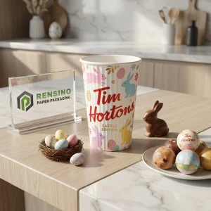 Bedruckte Papierverpackungsbox mit Osterhasenmuster und Tim Hortons-Branding, geeignet für Geschenke, Lebensmittel oder Einzelhandelsverpackungen. Individuelles Design unterstützt mit OEM/ODM-Fertigung.