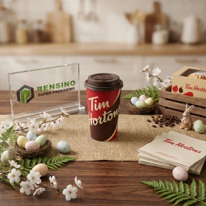 Copos de papel bege e marrom, adequados para embalagem de bebidas, personalizáveis para uso em varejo e presentes.