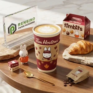 Copo de Papel Vermelho e Branco com Texto da Tim Hortons Impresso e Ilustração de Coelho, Adequado para Embalagem de Alimentos ou Bebidas, Serviço OEM/ODM Disponível