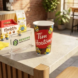 Bedruckter Pappbecher mit Minions-Muster und Tim Hortons-Logo, geeignet für Lebensmittel- oder Getränkepackaging, OEM/ODM-Service verfügbar