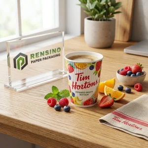 Bedruckter Pappbecher mit buntem Obstmuster, geeignet für Getränkeverpackungen, individuelles Design verfügbar