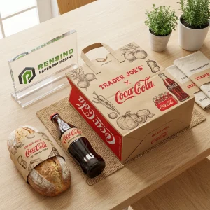 Красная бумажная подарочная коробка с логотипом Coca-Cola и иллюстрациями овощей, подходит для упаковки подарков или розничной торговли