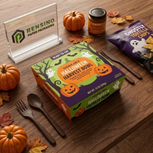 Scatola di Imballaggio Alimentare Usa e Getta Viola e Verde con Motivo di Zucca di Halloween e Fantasma, Adatta per Imballaggio Alimentare, Design Personalizzato Disponibile