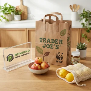 Крафт-пакет с узором зеленых листьев, подходит для использования в продуктовом магазине или розничной торговле, доступна индивидуальная печать