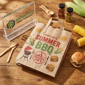 夏のBBQプリントが施された茶色のクラフト紙袋、カスタムロゴ印刷可能
