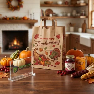 Kraftpapier-Einkaufstasche mit Thanksgiving-Herbstblättern und Truthahn-Design, individuelle Druckoptionen verfügbar