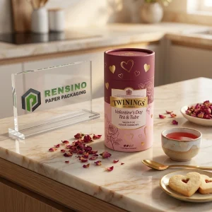 Pink and Burgundy Paper Tea Packaging Tube with Gold Heart Pattern and Printed Text, Custom Design Available