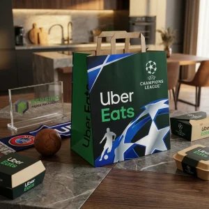 Embalagem de Saco de Papel Verde e Azul com Logotipos Impressos do Uber Eats e da UEFA Champions League, Adequado para Entrega de Comida ou Embalagem para Viagem, Impressão de Logotipo Personalizado Disponível