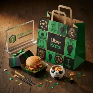 Sacola de Papel Verde e Preta para Presentes com Logotipos Impressos e Padrão de Futebol, Adequada para Presentes, Alimentos ou Embalagem de Varejo, Impressão de Logotipo Personalizado Disponível