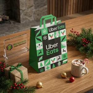Sacola de Papel Verde e Preta com Padrão de Natal para Embalagem de Alimentos ou Presentes, Adequada para Uso em Varejo ou Feriados, Design Personalizado Disponível