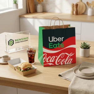 حقيبة ورقية باللون الأسود والأخضر والأحمر مع نص مطبوع “أوبر إيتس” و“كوكا كولا”، مناسبة لتغليف الطعام، متاحة لطباعة الشعار المخصص