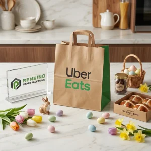 Sacola de Papel Kraft com Logotipo Impresso do Uber Eats e Ovos de Páscoa Coloridos, Adequada para Presentes, Alimentos ou Embalagens de Varejo, Design Personalizado Disponível