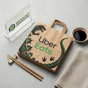 Sacola de Papel Kraft com Padrão de Dragão Impresso e Logo Uber Eats, Adequada para Embalagem de Alimentos, Design Personalizado Suportado