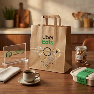 Sacola de Papel Kraft com Logotipo Impresso e Padrão Olímpico, Adequada para Embalagem de Alimentos ou Presentes, Serviço OEM/ODM Disponível