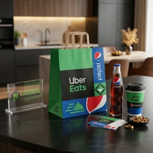 Grüne und blaue Papierbeutelverpackung mit gedruckten Uber Eats- und Pepsi-Logos, geeignet für Lebensmittelzustellung oder Takeout-Verpackungen, benutzerdefinierter Druck verfügbar