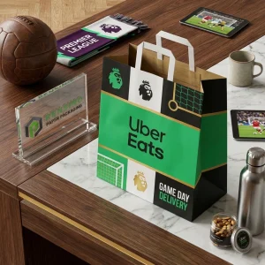 Sacchetto di carta stampato con branding colorato e grafiche a tema sportivo, adatto per regali, vendita al dettaglio o imballaggio alimentare. Design personalizzato supportato con servizio OEM/ODM disponibile.