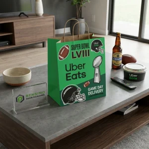 Sacola de Papel Verde com Impressão de Futebol e Capacete, Adequada para Embalagem de Presentes, Alimentos ou Varejo, Serviço OEM/ODM Disponível