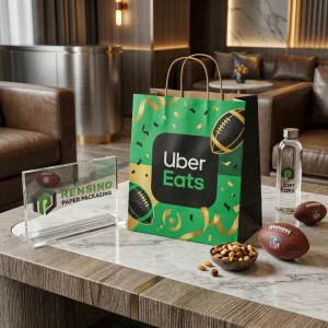 Sacola de Papel Verde e Preta com Logotipo Impresso e Padrão de Futebol, Adequada para Presentes, Varejo, Alimentos ou Embalagem de Bebidas, Serviço OEM/ODM Disponível