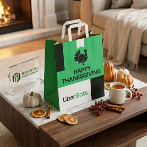 Sacola de papel verde com marcas de Ação de Graças e Uber Eats