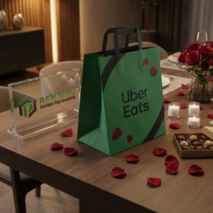 Sacola de Papel Verde com Texto Impresso da Uber Eats e Padrão de Folhas, Adequada para Presentes, Alimentos ou Embalagens de Varejo, Serviço OEM/ODM Disponível