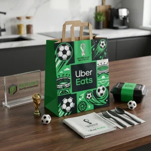 Embalagem de Sacola de Papel Verde com Padrão Impresso de Bola de Futebol e Copa do Mundo da FIFA para Embalagem de Entrega de Alimentos, Design Personalizado Disponível