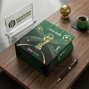 Embalagem de Sacola de Papel Verde e Preta com Troféu de Futebol Impresso e Padrão de Bola de Futebol, Adequada para Embalagem de Alimentos, Impressão de Logo Personalizado Disponível