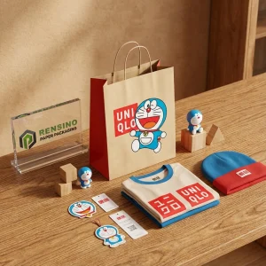 Bolsa de regalo de papel kraft con logo impreso de Doraemon y UNIQLO, adecuada para regalos, venta minorista o empaquetado de alimentos, impresión de logo personalizada disponible