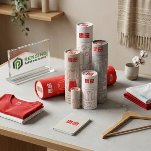 Printed Red, White, Kraft, and Gray Fabric Paper Tube Packaging with Clothing Illustrations, Suitable for Fabric or Apparel Packaging, Custom Design Available