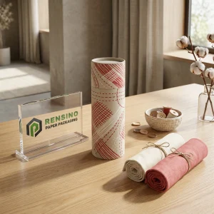 Tubo de papel de tela kraft con patrón impreso abstracto rojo, adecuado para embalaje de tela o minorista, diseño personalizado disponible
