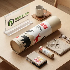 Tubo de papel de tela kraft con siluetas de animales impresas y texto de UNIQLO, adecuado para empaque de tela, diseño personalizado disponible