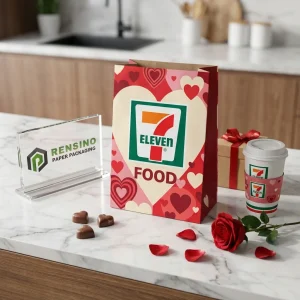 Sacos de Papel Descartáveis Vermelhos e Rosas com Padrão de Coração e Texto Impresso “7-Eleven Food”, Impressão de Logotipo Personalizado Disponível
