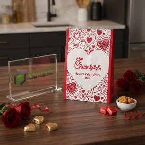Sacos de Papel para Alimentos Descartáveis Vermelhos e Brancos com Padrão de Coração e Texto Impresso “Chick-fil-A Feliz Dia dos Namorados”, Impressão de Logotipo Personalizado Disponível