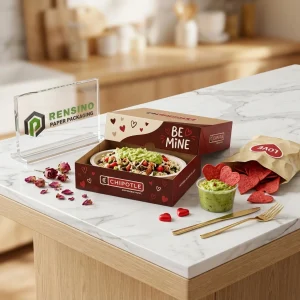 Brown and Red Disposable Food Packaging Box with Heart Pattern and Printed “Chipotle” Text, Suitable for Food Packaging, Wholesale Customization