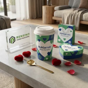 Grüne und blaue Einweg-Pappbecher mit weißem Herzmuster, individueller Logo-Druck verfügbar