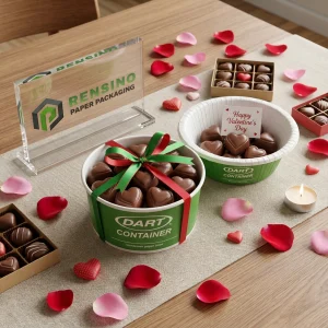 Green and White Printed Paper Bowl with Heart-Shaped Chocolate Pattern for Food Packaging, Custom Logo Printing Available