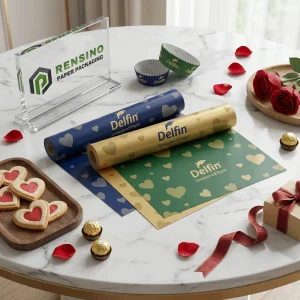 Delfin Blau und Gold bedrucktes fettbeständiges Papier mit Herzmuster, geeignet für Lebensmittelverpackungen, individuelles Design verfügbar