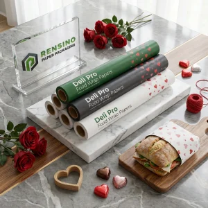 Rotoli di carta per avvolgere cibo verde, nera e bianca con motivo a cuore, adatti per imballaggio di cibo o vendita al dettaglio, servizio OEM/ODM disponibile