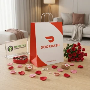 Sacchetto di carta rosso e bianco con logo e motivo geometrico, adatto per imballaggi regalo o al dettaglio, servizio OEM/ODM disponibile