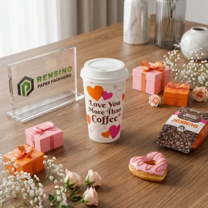 Tazza di Carta Bianca con Motivo a Cuore e Testo sul Caffè, Design Personalizzato Disponibile