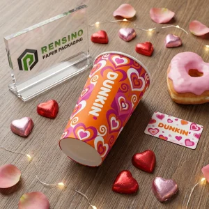 Tazza di Carta Arancione con Motivo a Cuore e Testo Stampato “DUNKIN” Adatta per Imballaggio di Bevande Stampa Logo Personalizzato Disponibile