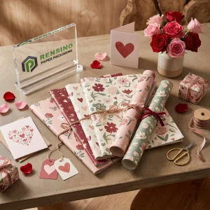 Carta da regalo floreale rosa con motivo a cuore stampato e design personalizzabile, adatta per imballaggio di fiori o regali, servizio OEM/ODM disponibile