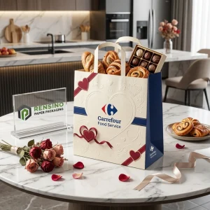 Bolsas de papel desechables para alimentos en crema y azul con patrón de corazón en relieve y logo impreso de Carrefour Food Service, personalización al por mayor