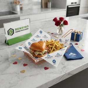 Weiß bedrucktes fettbeständiges Papier mit blauem Logo-Text, geeignet für Lebensmittel- und Restaurantverpackungen, individuelles Design verfügbar
