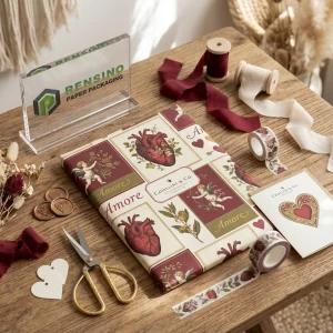 Carta da regalo stampata con motivo a cuori rossi e verdi e floreale, design personalizzato disponibile