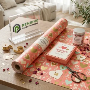 Carta da regalo stampata rosa con motivo a cuore dorato e testo, design personalizzato disponibile