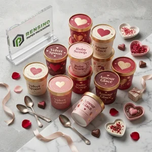 Bicchieri di carta per gelato rossi e rosa stampati con coperchi dorati e motivi a cuore, per imballaggio alimentare; servizi OEM/ODM disponibili.