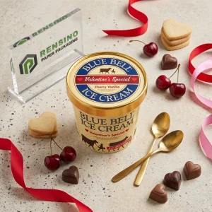 Imballaggio per gelato in cartone stampato con tema speciale di San Valentino e illustrazione di ciliegia e vaniglia, adatto per imballaggio alimentare, stampa logo personalizzata disponibile