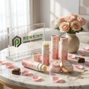 Tubo di Balsamo Labbra in Carta Rosa e Oro con Motivo a Cuore e Illustrazione di Rosa, Adatto per Uso Cosmetico o Regalo, Stampa Logo Personalizzata Disponibile