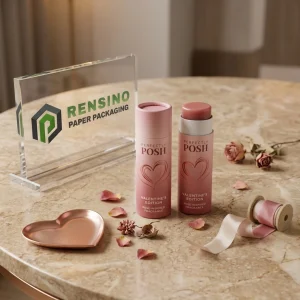 Tubo di balsamo labbra in carta rosa con testo stilizzato stampato e motivo a cuore, adatto per uso cosmetico o regalo, design personalizzato disponibile